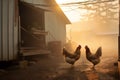 Chickens roaming in a barnyard. Generative AI