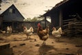 Chickens roaming in a barnyard. Generative AI