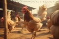 Chickens roaming in a barnyard. Generative AI