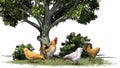 Chickens and rooster in grass , bushes and tree