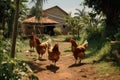 chickens and rooster walking in the farm, vintage tone