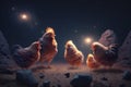 Chickens stargazing in the desert under the moonlight