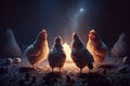 Chickens stargazing in the desert under the moonlight