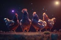 Chickens stargazing in the desert under the moonlight