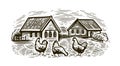 Chickens in village sketch. Rural landscape in vintage engraving style