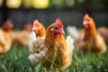 chickens and walking on the grass against the background of spring nature on Easter, on a bright sunny day at a ranch in the