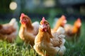 chickens and walking on the grass against the background of spring nature on Easter, on a bright sunny day at a ranch in the