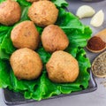 Chickpea falafel balls on slate board with vegetables and sauce, square