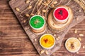 Chickpea hummus backdrop, assorted flavor on vintage wooden table