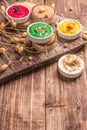 Chickpea hummus backdrop, assorted flavor on vintage wooden table