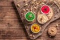 Chickpea hummus backdrop, assorted flavor on vintage wooden table