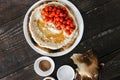 Chickpea hummus served flatbread cherry tomatoes wooden table to