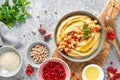 Chickpea hummus with tahini in a bowl. Healthy vegetarian appetizer. Middle Eastern cuisine