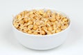 Chickpea sprouts, in a white bowl, front view, on white surface Royalty Free Stock Photo