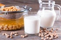 Chickpea vegetarian milk in a jug and a glass, raw chickpeas in bowl on a table. Non-dairy lactose free milk