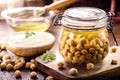 Chickpeas with aquafaba vegan mayonnaise in the background, mayonnaise made with vegetables and egg free