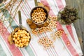 Chickpeas dry and boiled in an iron bowl, thyme. Rustik style background. Top view.