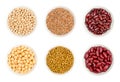Dried and canned chickpeas, brown lentils and red kidney beans, in white bowls Royalty Free Stock Photo