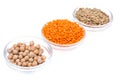 Chickpeas, orange lentils in and green, isolated on white Royalty Free Stock Photo