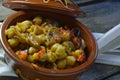 Chickpeas with peppers baked in clay pot with lid Royalty Free Stock Photo