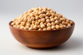 Chickpeas in a wooden bowl isolated on white background. Generative AI