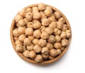 chickpeas in wooden bowl isolated on white background. top view Royalty Free Stock Photo