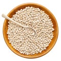 Chickpeas on wooden plate with spoon, isolated on white Royalty Free Stock Photo