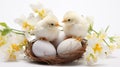 Chicks atop eggs symbolize Easter\'s rebirth flowers signify spring.AI Generated