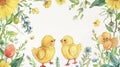 Chicks Border with Floral Frame. Chicks in a watercolor floral frame border Royalty Free Stock Photo