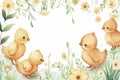 Chicks Border with Floral Frame. Chicks in a watercolor floral frame border Royalty Free Stock Photo