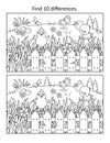 Chicks and butterflies find 10 differences picture puzzle and coloring page with fence, grass and wildflowers. Black and white.