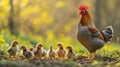 Chicks cheeping around their clucking mother he Royalty Free Stock Photo