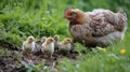 Chicks cheeping around their clucking mother he Royalty Free Stock Photo