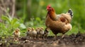 Chicks cheeping around their clucking mother he Royalty Free Stock Photo