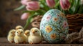 Chicks with a floral Easter egg and tulips in a basket. Royalty Free Stock Photo