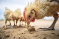 chicks pecking grain near hen on soil Royalty Free Stock Photo