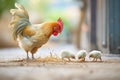 chicks pecking at grains with mother hen watching Royalty Free Stock Photo