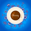 Chicory drink Cup of coffee with chicory Hand drawn flower around Top view Blue background with floral elements