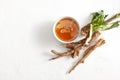 Raw chicory root Cichorium intybus with leaves and hot honey. Top view. Copy space text