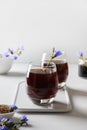 Chicory Root Coffee in glasses and fresh flowers. Health Benefits. Royalty Free Stock Photo