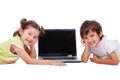 Chidren activities on laptop isolated in white