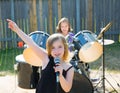 Chidren singer girl singing playing live band in backyard