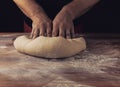 Chief baker preparing dough for bread in a bakery. Kitchen professional. Royalty Free Stock Photo