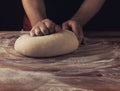 Chief baker preparing dough for bread in a bakery. Kitchen professional. Royalty Free Stock Photo