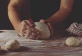 Chief baker preparing dough for bread in a bakery. Kitchen professional Royalty Free Stock Photo