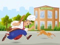 Chief cook chasing a cat Vector. Cartoon character. Outdoors restaurant backgrounds