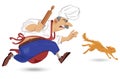 Chief cook chasing a cat Vector. Cartoon character. Outdoors restaurant backgrounds