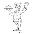 Chief cook . Man Serving Food. Chef sketch vector illustration