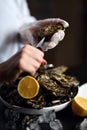 Chief cook woman hands open oysters with knife with lemon and ice in restaurant table