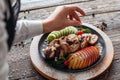 Chief decorated baked veal with fresh cherry